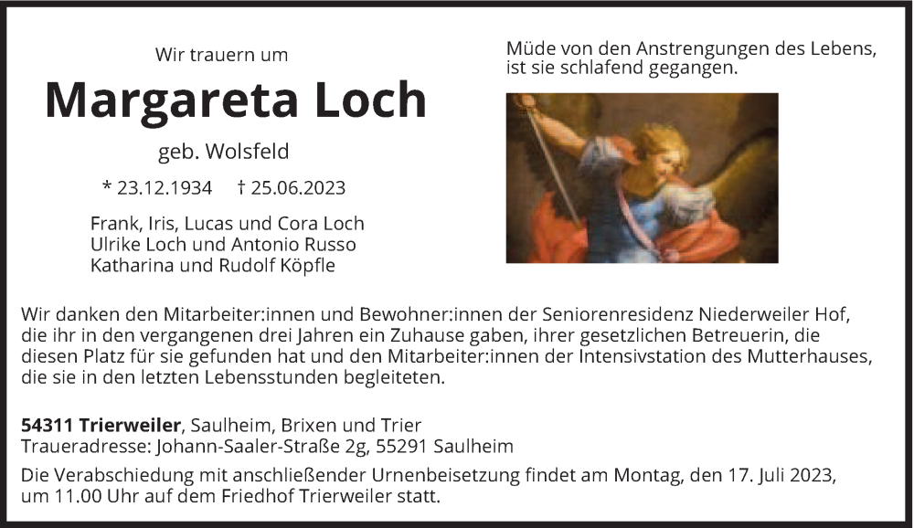  Traueranzeige für Margareta Loch vom 08.07.2023 aus trierischer_volksfreund