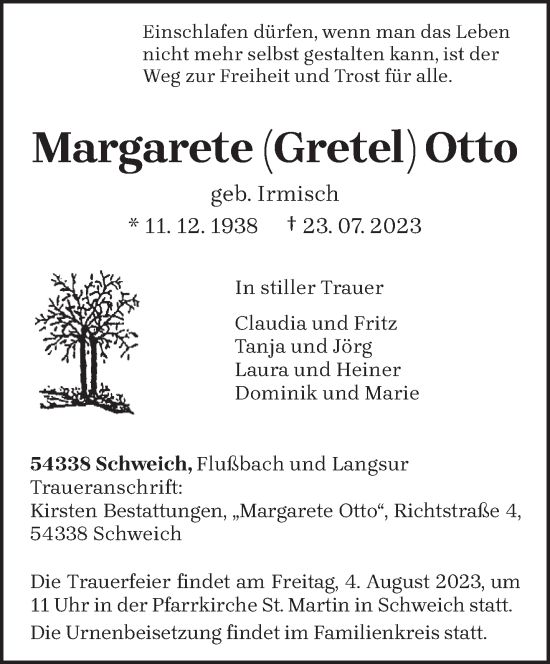 Traueranzeige von Margarete Otto von trierischer_volksfreund