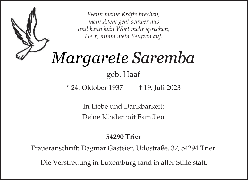  Traueranzeige für Margarete Saremba vom 29.07.2023 aus trierischer_volksfreund