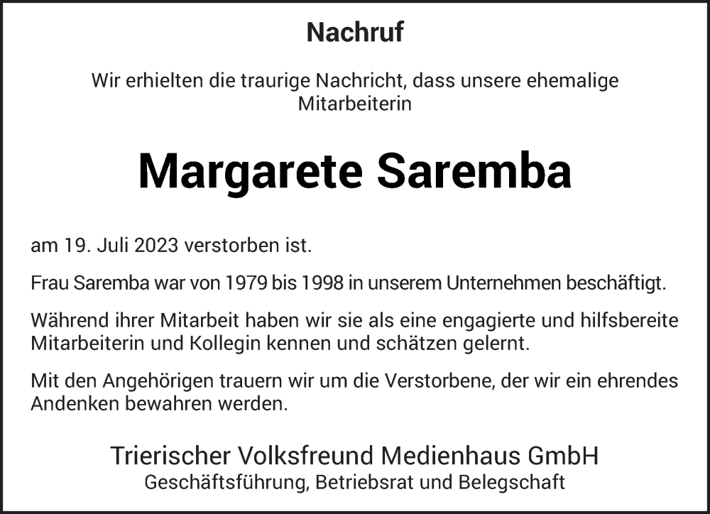  Traueranzeige für Margarete Saremba vom 29.07.2023 aus trierischer_volksfreund