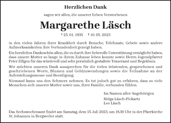Traueranzeige von Margarethe Läsch von trierischer_volksfreund