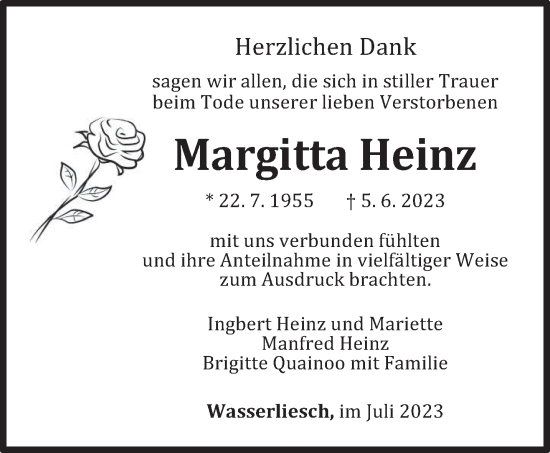 Traueranzeige von Margitta Heinz von trierischer_volksfreund