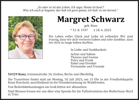 Traueranzeige von Margret Schwarz von trierischer_volksfreund