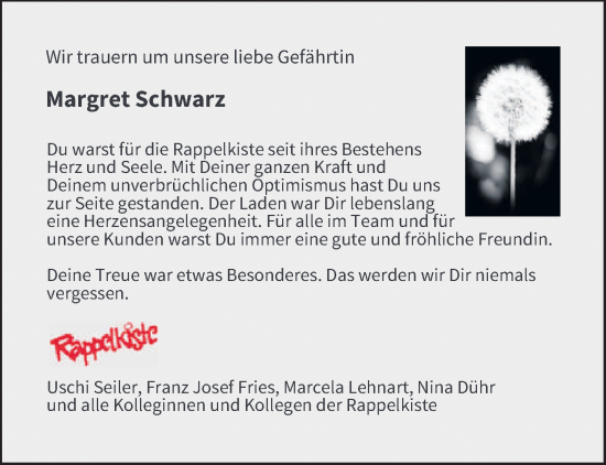 Traueranzeige von Margret Schwarz von trierischer_volksfreund