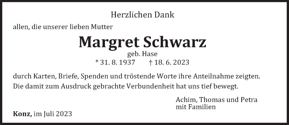 Traueranzeige für Margret Schwarz vom 29.07.2023 aus trierischer_volksfreund