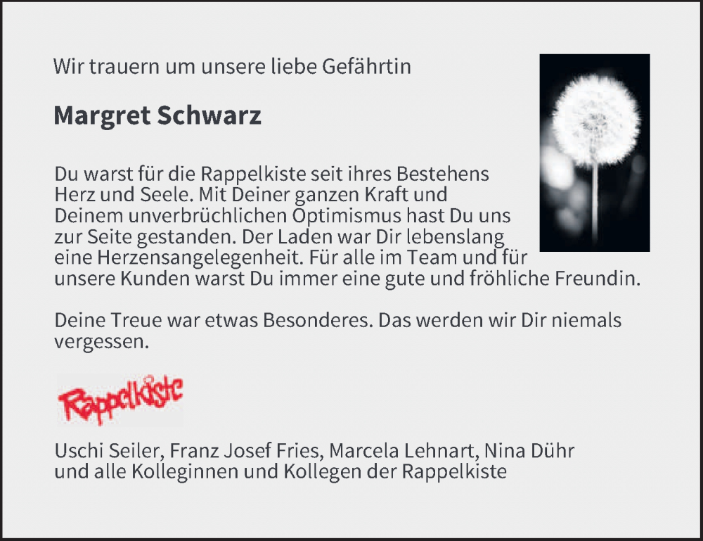  Traueranzeige für Margret Schwarz vom 01.07.2023 aus trierischer_volksfreund
