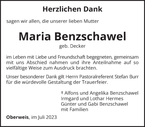 Traueranzeige von Maria Benzschawel von trierischer_volksfreund