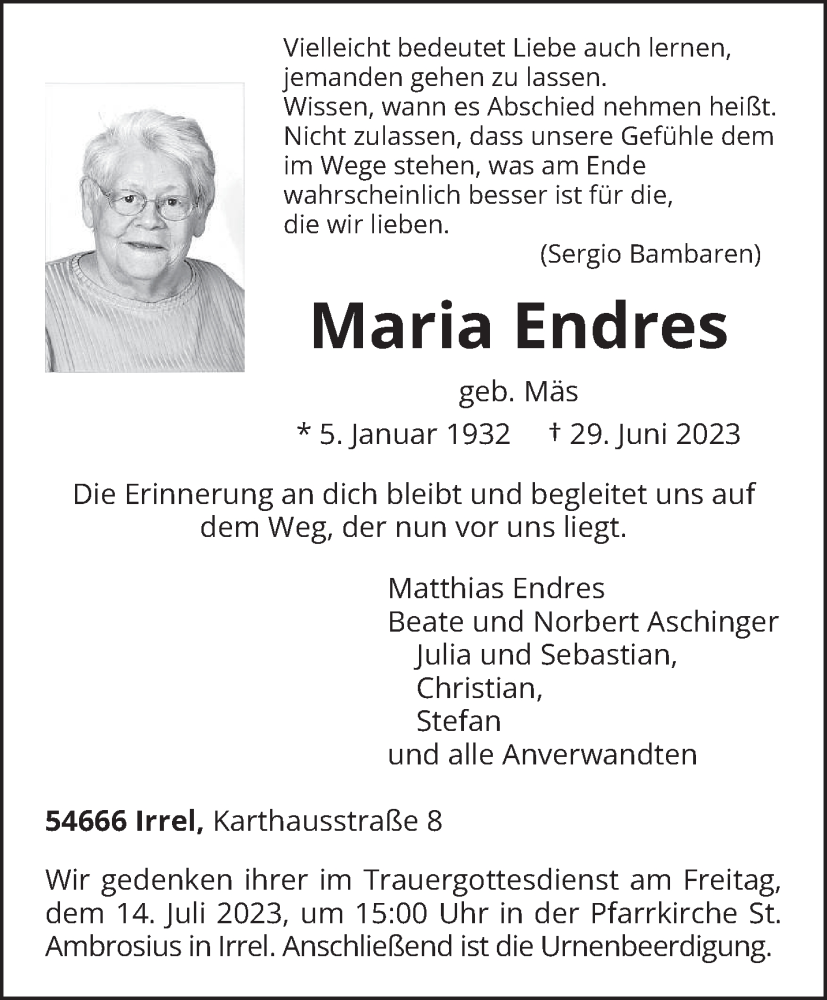  Traueranzeige für Maria Endres vom 05.07.2023 aus trierischer_volksfreund