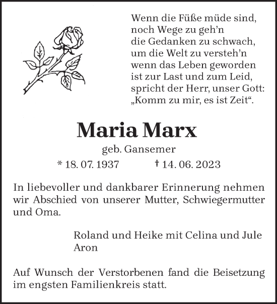 Traueranzeige von Maria Marx von trierischer_volksfreund