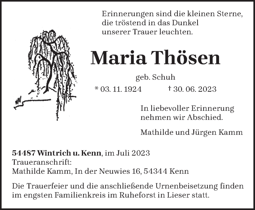  Traueranzeige für Maria Thösen vom 05.07.2023 aus trierischer_volksfreund