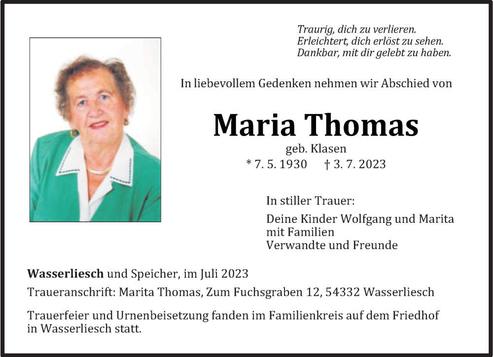 Traueranzeige für Maria Thomas vom 15.07.2023 aus trierischer_volksfreund