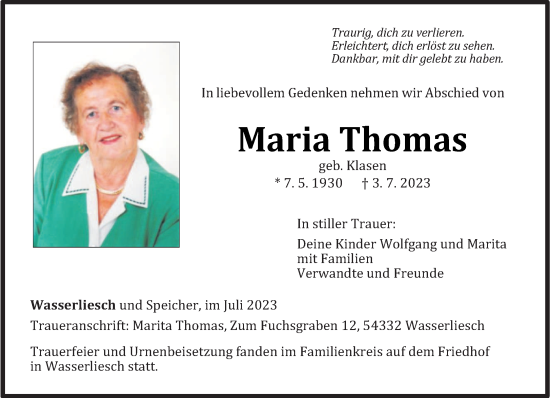 Traueranzeige von Maria Thomas von trierischer_volksfreund