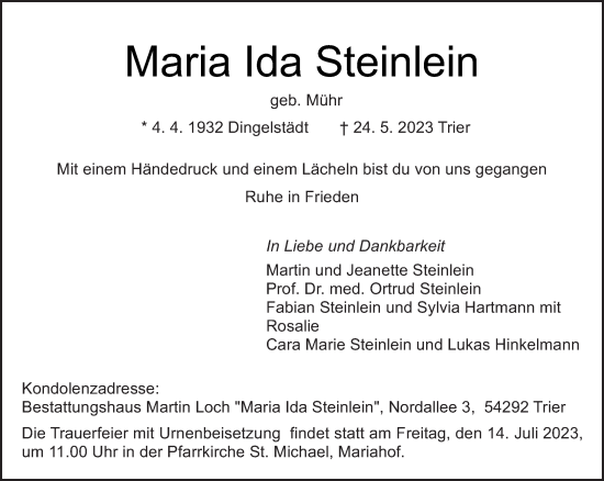 Traueranzeige von Maria Ida Steinlein von trierischer_volksfreund