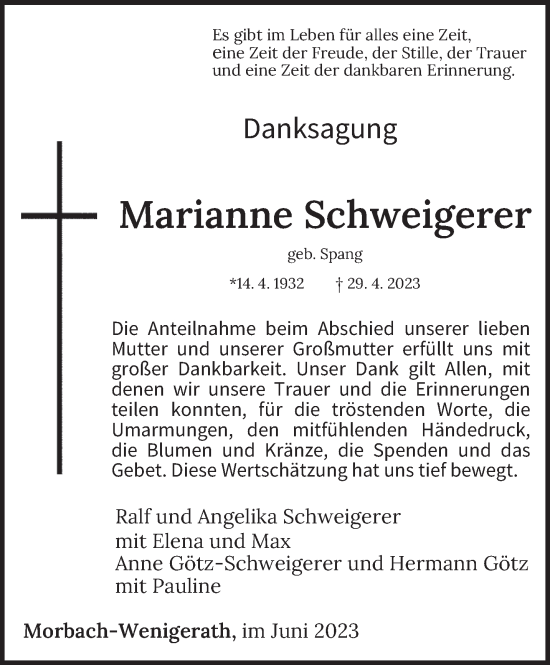 Traueranzeige von Marianne Schweigerer von trierischer_volksfreund