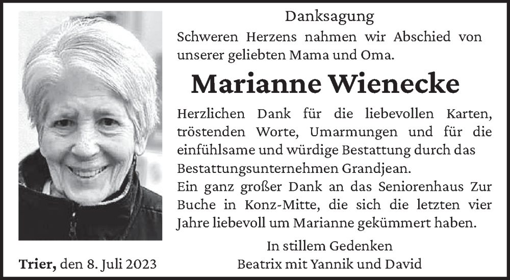  Traueranzeige für Marianne Wienecke vom 08.07.2023 aus trierischer_volksfreund