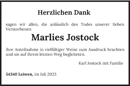 Traueranzeige von Marlies Jostock von trierischer_volksfreund