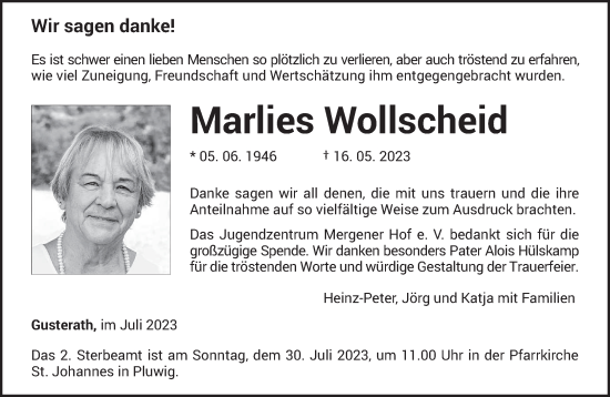Traueranzeige von Marlies Wollscheid von trierischer_volksfreund