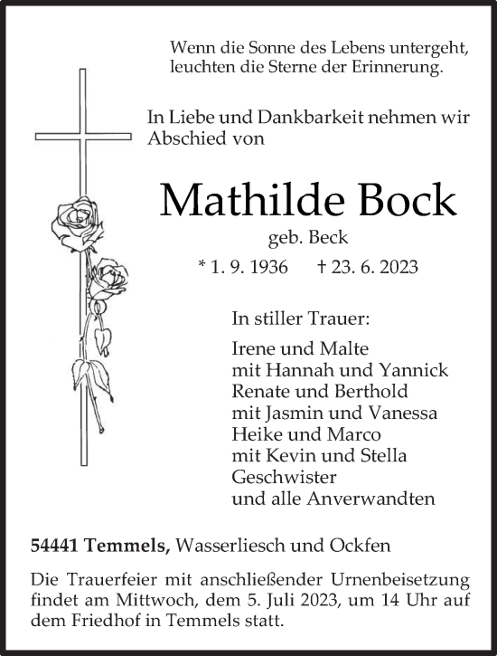 Traueranzeige von Mathilde Bock von trierischer_volksfreund