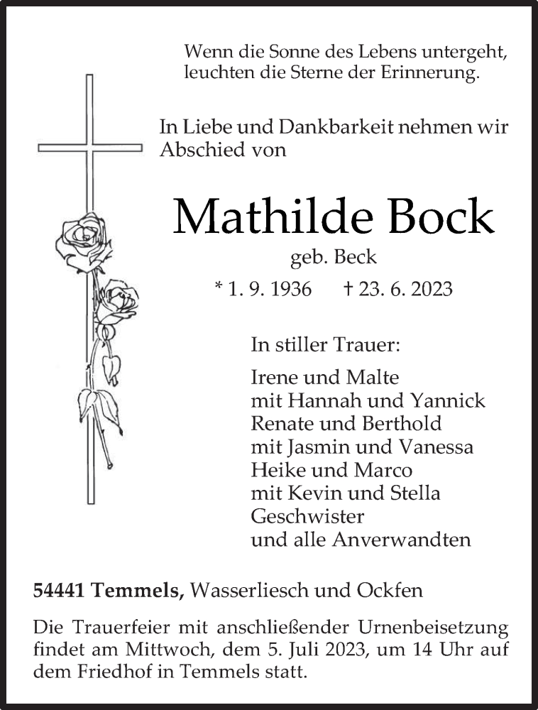  Traueranzeige für Mathilde Bock vom 01.07.2023 aus trierischer_volksfreund
