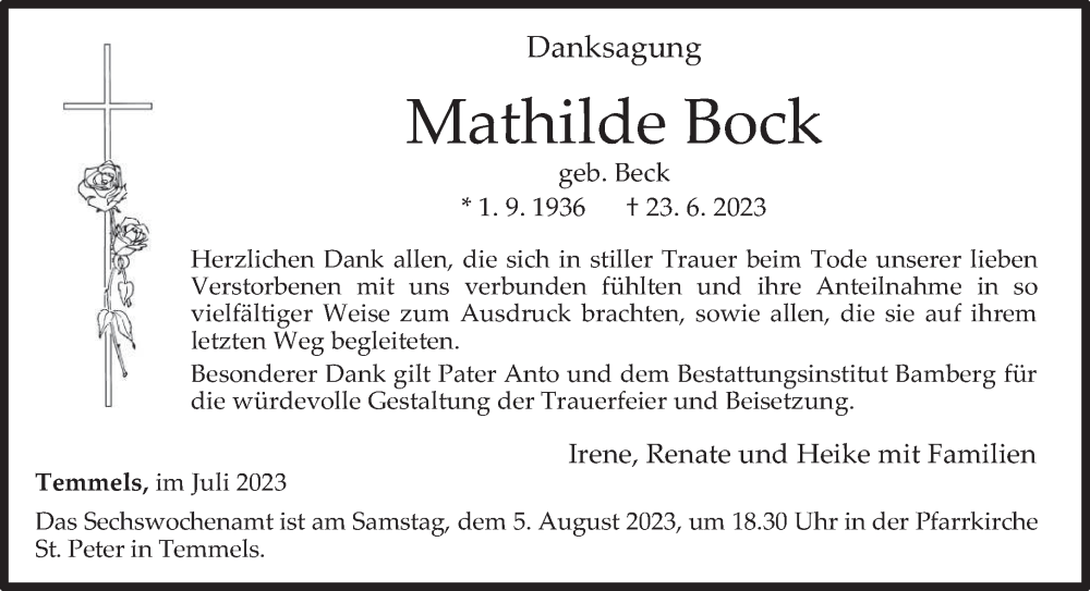  Traueranzeige für Mathilde Bock vom 29.07.2023 aus trierischer_volksfreund