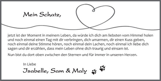 Traueranzeige von Mein Schatz  von trierischer_volksfreund