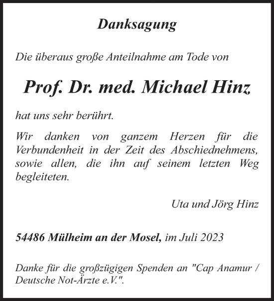 Traueranzeige von Michael Hinz von trierischer_volksfreund