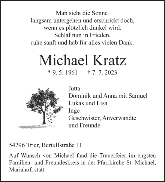 Traueranzeigen Von Michael Kratz | Volksfreund.Trauer.de