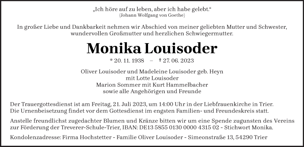  Traueranzeige für Monika Louisoder vom 08.07.2023 aus trierischer_volksfreund