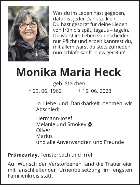 Traueranzeige von Monika Maria Heck von trierischer_volksfreund