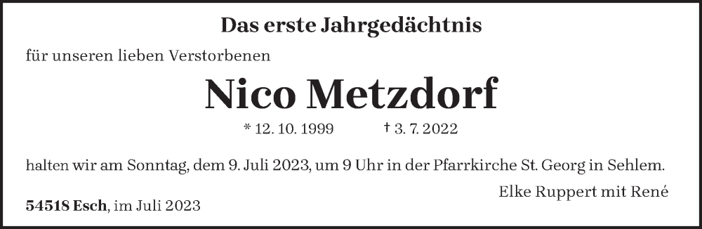  Traueranzeige für Nico Metzdorf vom 05.07.2023 aus trierischer_volksfreund