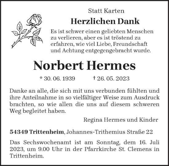 Traueranzeige von Norbert Hermes von trierischer_volksfreund