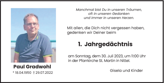 Traueranzeige von Paul Gradwohl von trierischer_volksfreund