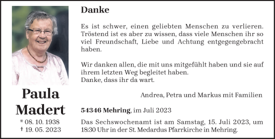 Traueranzeige von Paula Madert von trierischer_volksfreund