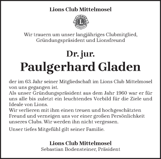 Traueranzeige von Paulgerhard Gladen von trierischer_volksfreund