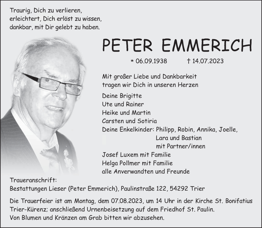  Traueranzeige für Peter Emmerich vom 29.07.2023 aus trierischer_volksfreund