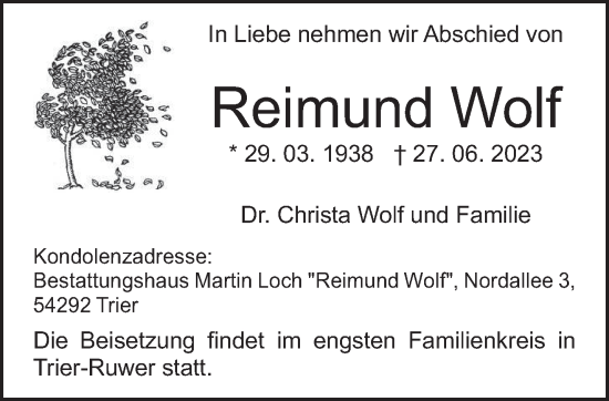 Traueranzeige von Reimund Wolf von trierischer_volksfreund