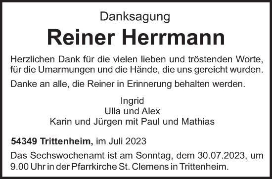 Traueranzeige von Reiner Herrmann von trierischer_volksfreund