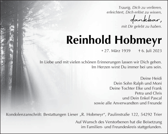 Traueranzeige von Reinhold Hobmeyr von trierischer_volksfreund