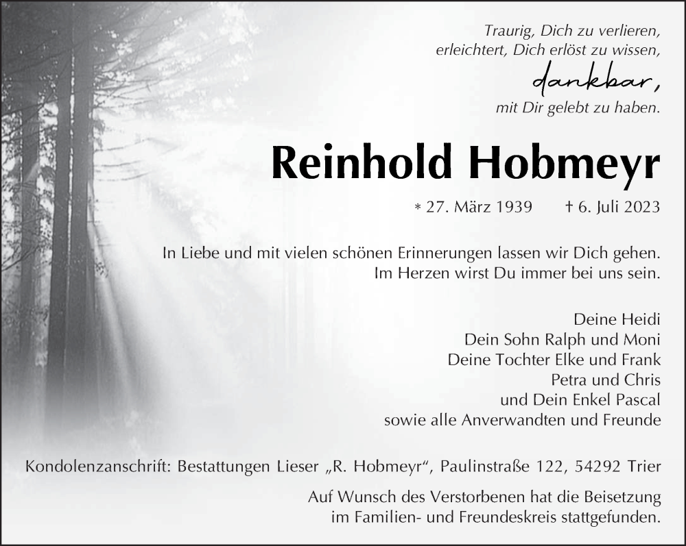  Traueranzeige für Reinhold Hobmeyr vom 26.07.2023 aus trierischer_volksfreund