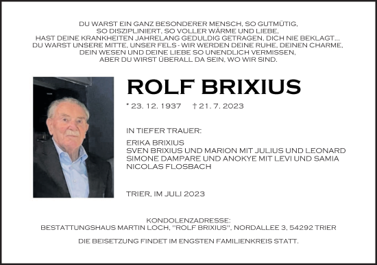 Traueranzeige von Rolf Brixius von trierischer_volksfreund