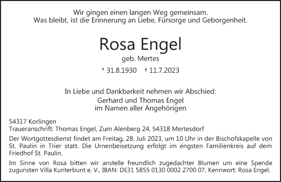 Traueranzeige von Rosa Engel von trierischer_volksfreund