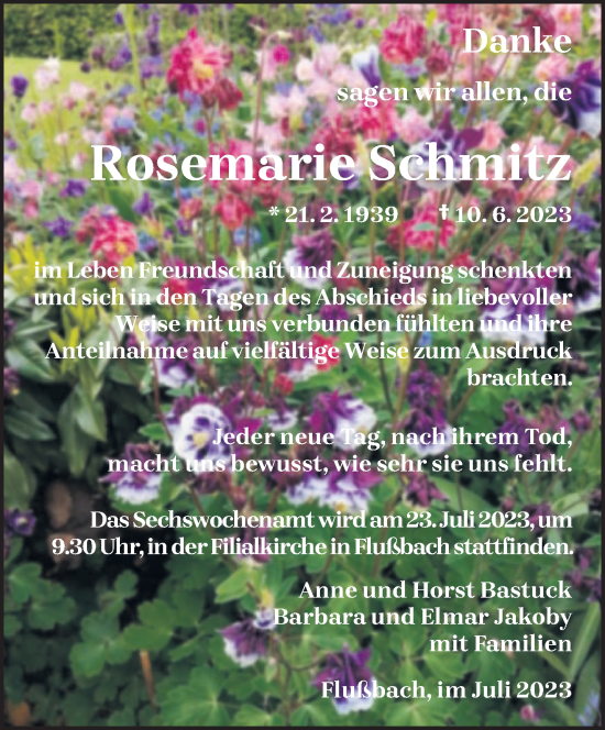 Traueranzeige von Rosemarie Schmitz von trierischer_volksfreund