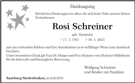 Traueranzeige von Rosi Schreiner von trierischer_volksfreund