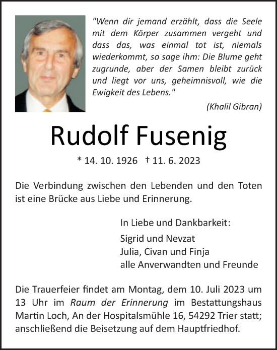 Traueranzeige von Rudolf Fusenig von trierischer_volksfreund
