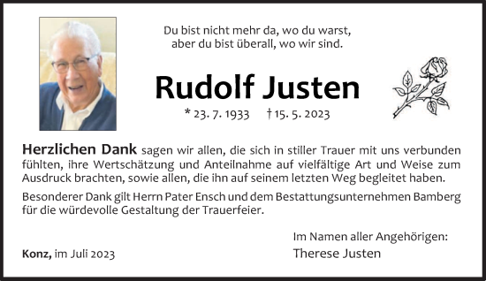 Traueranzeige von Rudolf Justen von trierischer_volksfreund