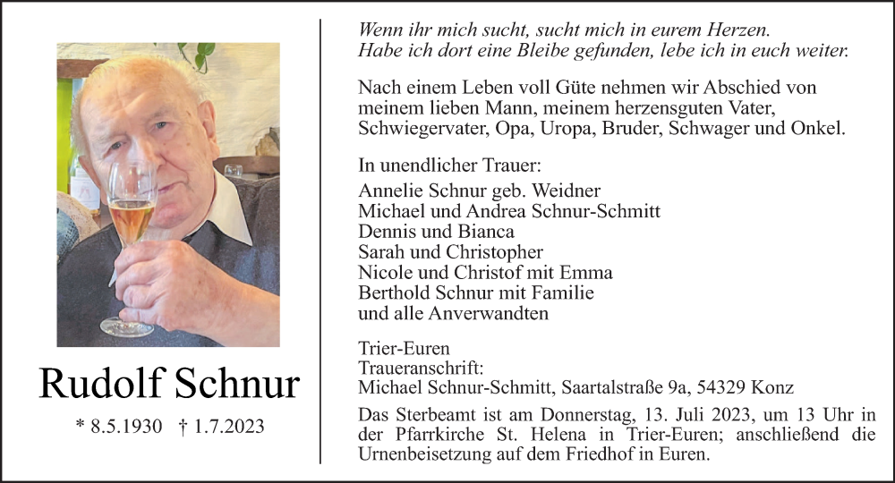  Traueranzeige für Rudolf Schnur vom 08.07.2023 aus trierischer_volksfreund