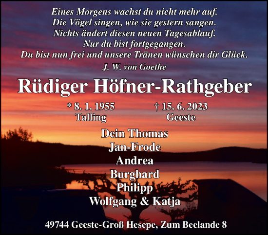 Traueranzeige von Rüdiger Höfner-Rathgeber von trierischer_volksfreund