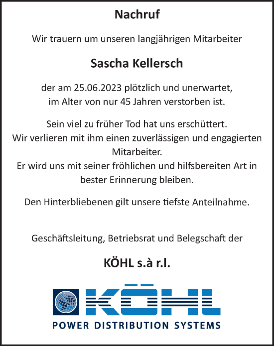 Traueranzeige von Sascha Kellersch von trierischer_volksfreund