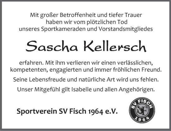 Traueranzeige von Sascha Kellersch von trierischer_volksfreund