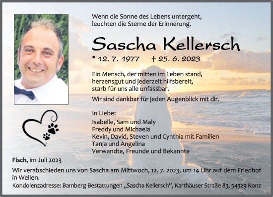 Traueranzeige von Sascha Kellersch von trierischer_volksfreund